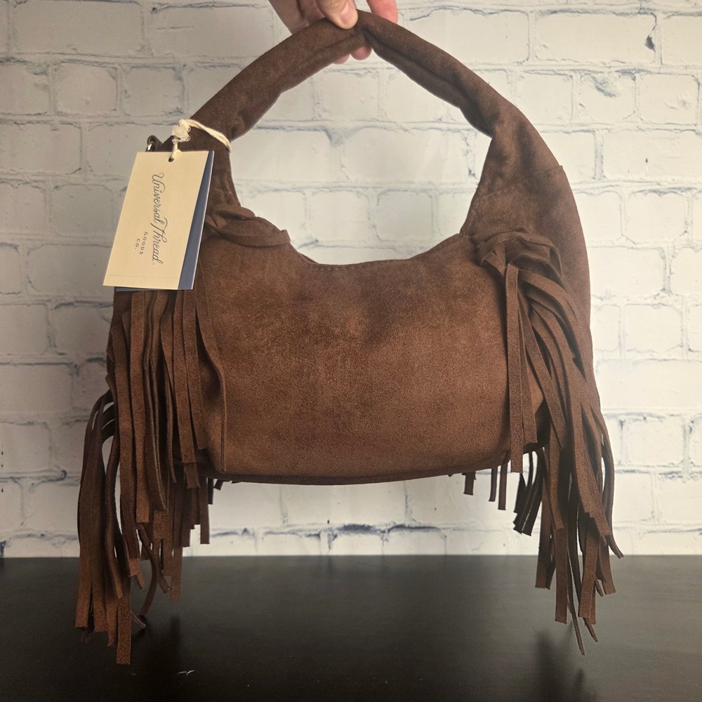Universal Thread Brown Faux Suede Fringe Hobo Bag Magnetic Snap UT098 New